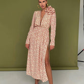 Early Floral Dress Deep V Plunge-neck Lace Up Waist Side Slit Dress